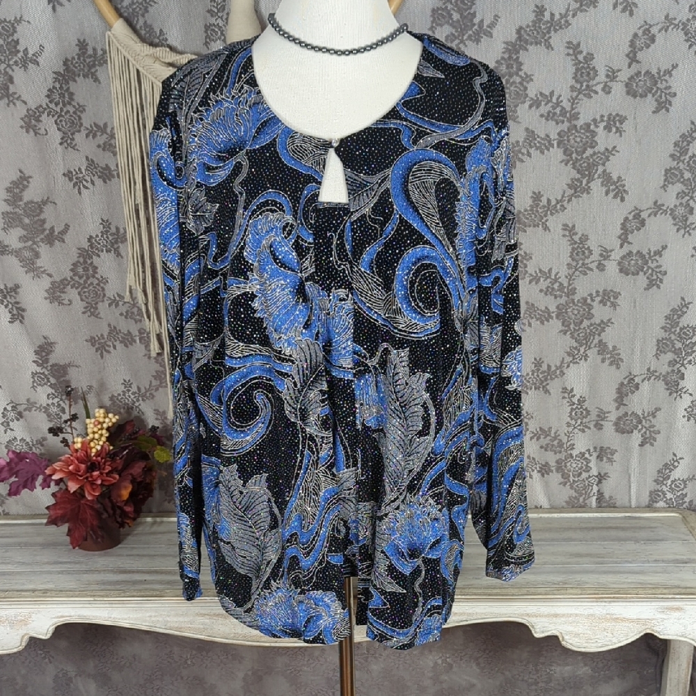 Onyx Nite Floral Shimmer Black and Blue Women's Two Piece Top